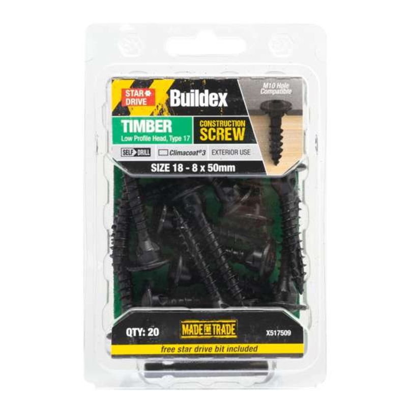 Buildex Timber Star Drive Black Construction Screws 18 x 50 Box20