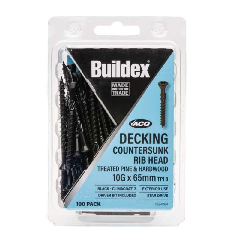 Buildex 10G x 65mm Black Decking Screws – 100 Pack