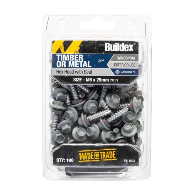 Buildex Roof Zip C4 HexHead Screws M6 x 25 Windspray Bx100