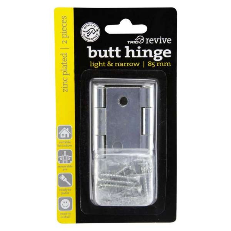 Trio Door Butt Hinge Zinc Plated 85 x 60 x 1.6mm – 2 Pack