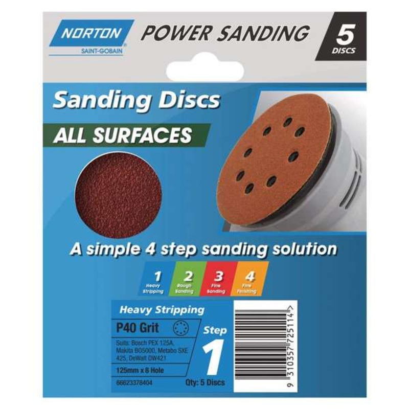 Norton Speedgrip Disc 125mm x 8H Step 1 P40 Grit – 5 Pack