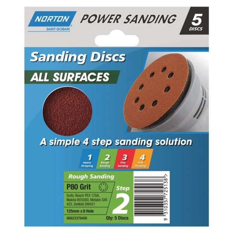 Norton Speedgrip Disc 125mm x 8H Step 2 P80 Grit – 5 Pack