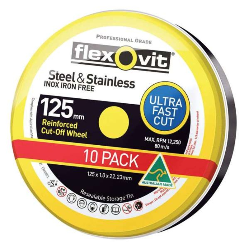 Flexovit Steel & Stainless Cut-Off Wheel 125 x 1 x 22mm – 10 Pack