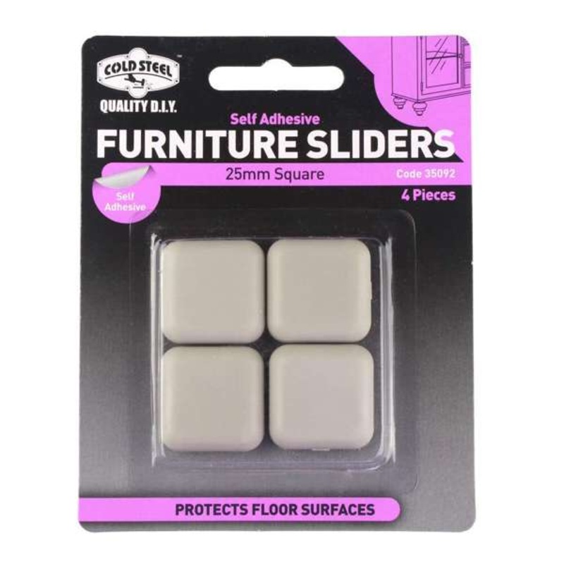 Cold Steel Furniture Sliders Square Plastic 25mm – 4 Pack