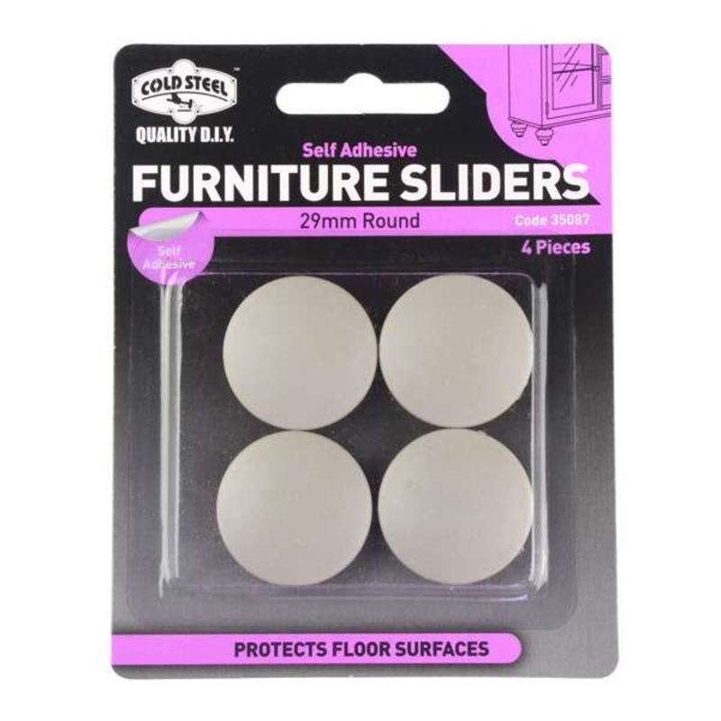 Cold Steel Round Plastic Furniture Sliders 29mm – 4 Pack