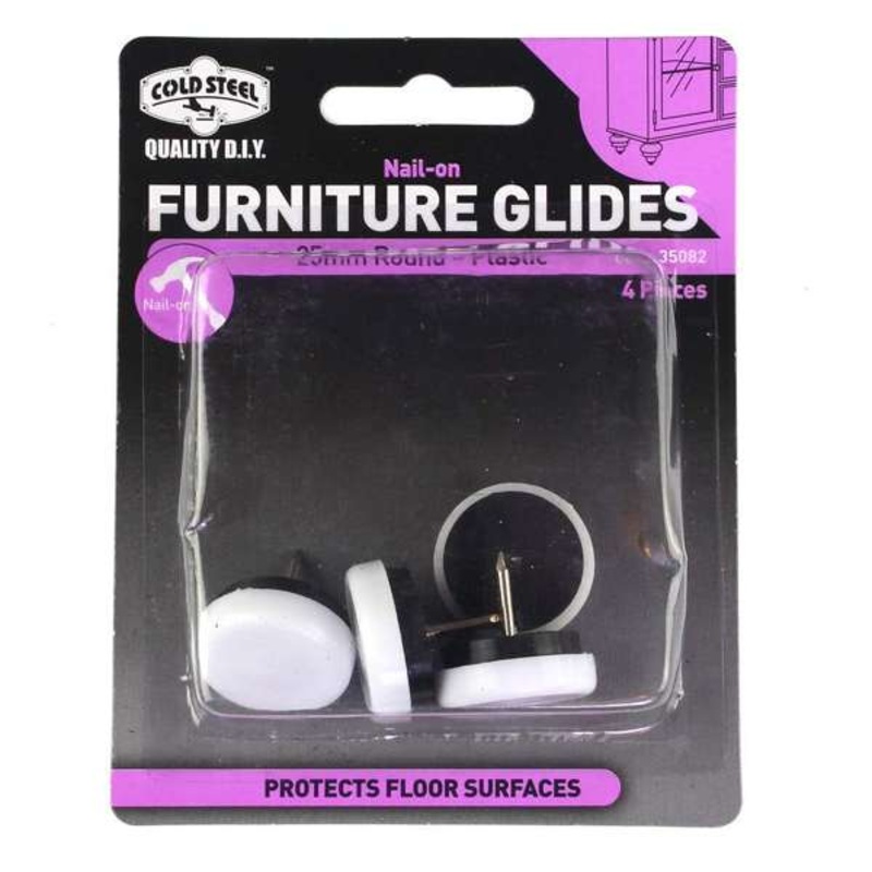 Cold Steel Furniture Glides White Plastic Nail-On 25mm – 4 Pack