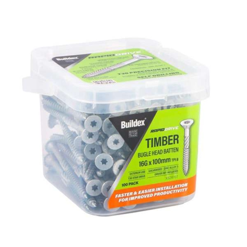 Buildex RapidDrive Zinc Alloy Bugle Head Batten Screws 16-8G x 100mm – 100pk