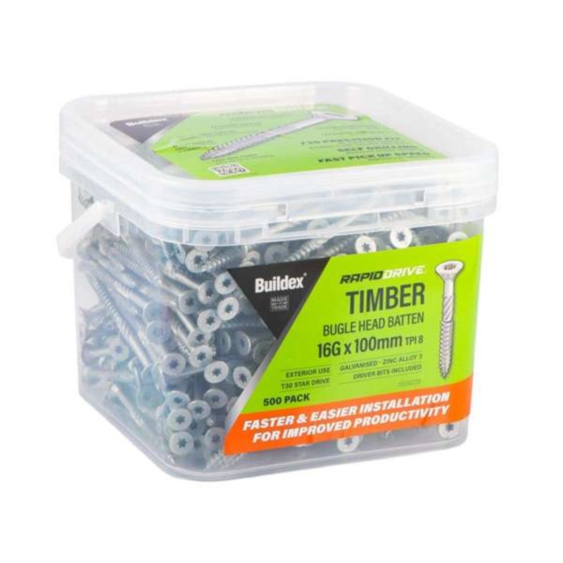 Buildex RapidDrive Zinc Alloy Bugle Head Batten Screws 16-8G x 100mm – 500pk