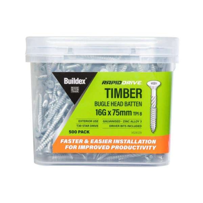 Buildex RapidDrive Zinc Alloy Bugle Head Batten Screws 16-8G x 75mm – 500pk