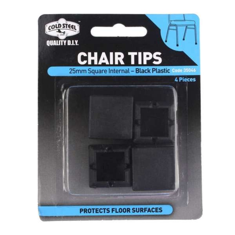 Cold Steel Chair Tips Square Internal Black Plastic 25mm – 4 Pack