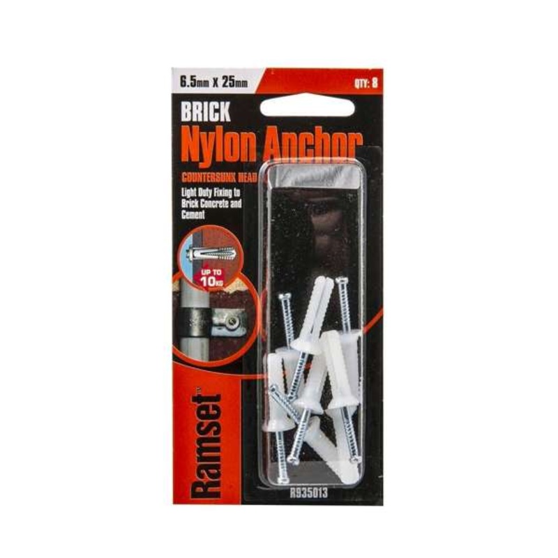 Ramset Brick Nylon Anchor Countersunk Head 6.5 x 25mm – 8 Pack