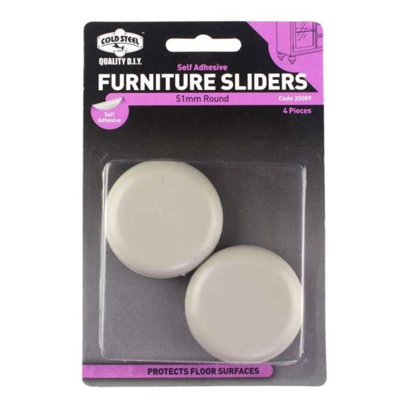 Cold Steel Furniture Sliders Round Plastic 51mm – 4 Pack