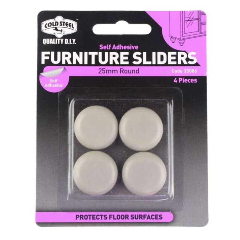 Cold Steel Furniture Sliders Round Plastic 25mm – 4 Pack