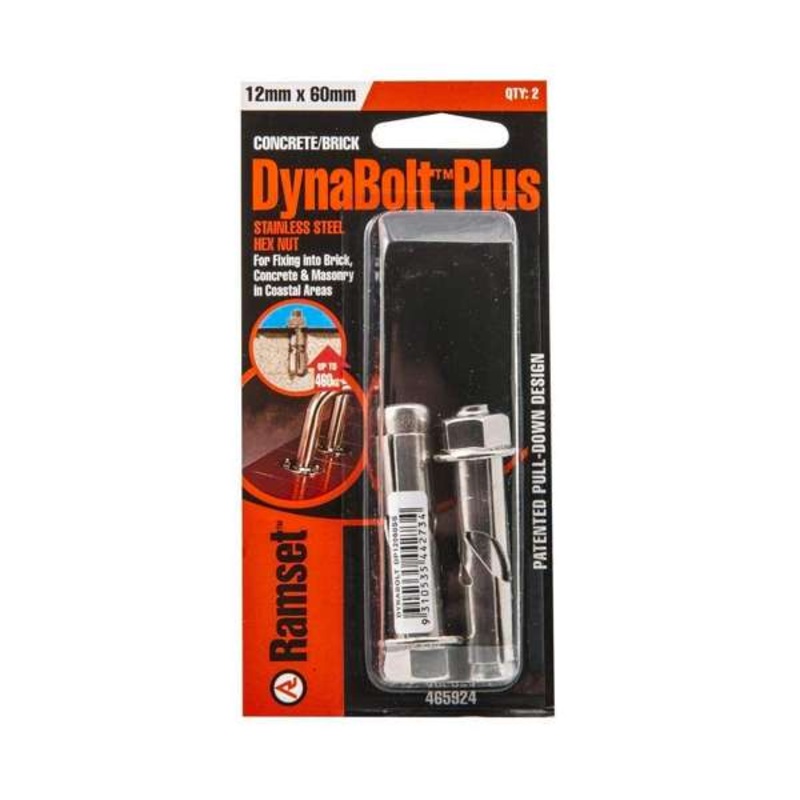 Dynabolt Plus Hex Heavy Duty Stainless Steel 12 x 60mm – 2 Pack