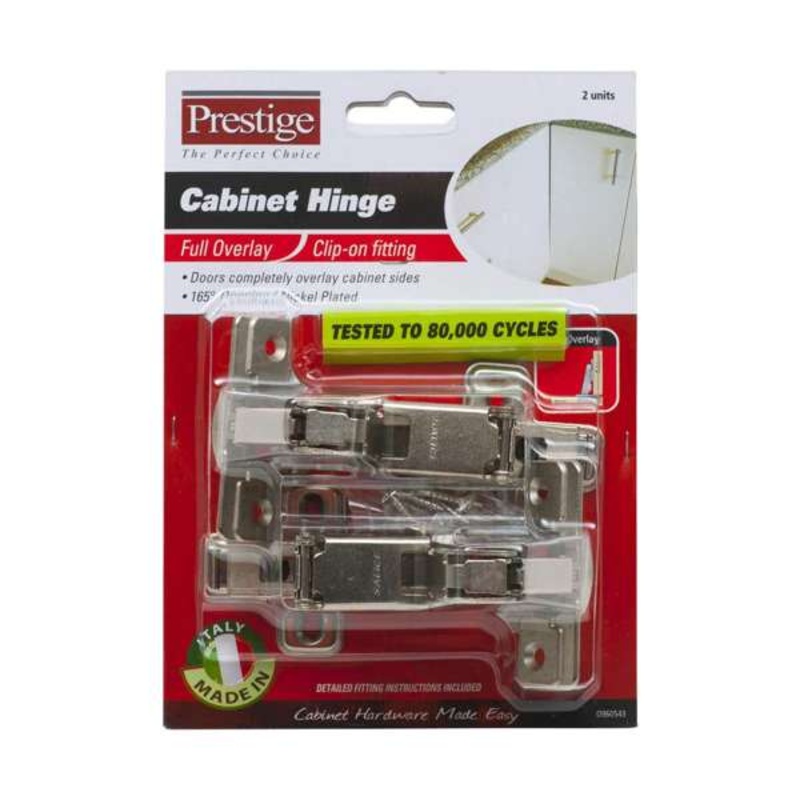 Prestige Cabinet Hinge Clip On Fitting Full Overlay Nickel Plated – 2 Pack