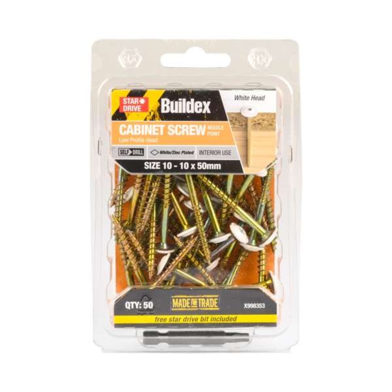 Buildex Cabinet Screw White Zinc Plated 10 – 10 x 50mm – 50 Pack