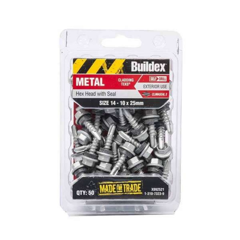 Buildex Metal Cladding Teks Hex Head With Seal 14 – 10 x 25mm – 50 Pack