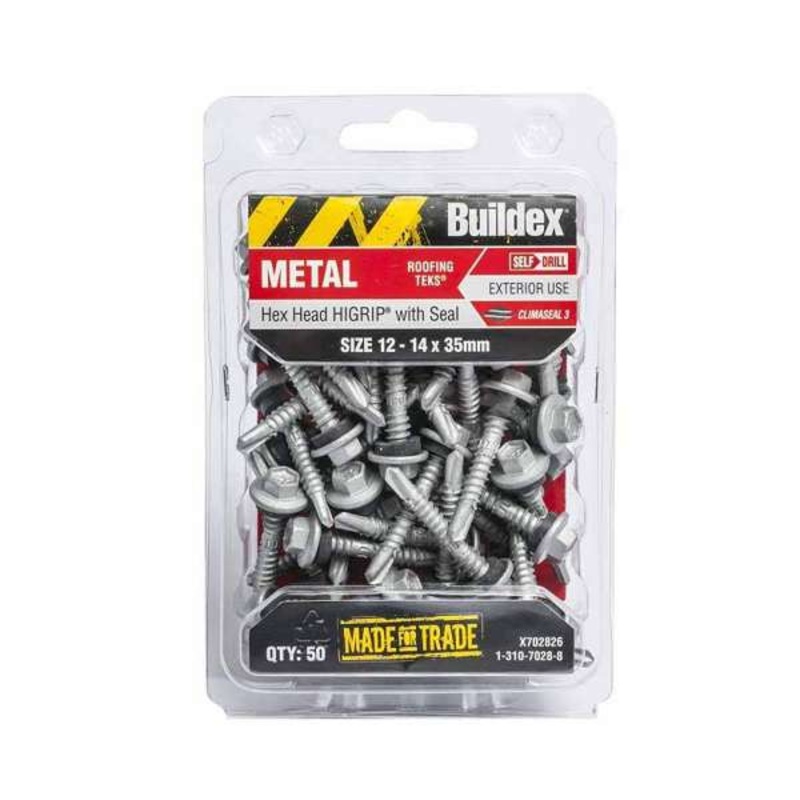 Buildex Metal Roofing Teks Hex Head Hi-Grip with Seal 12 – 14 x 35mm – 50 Pack