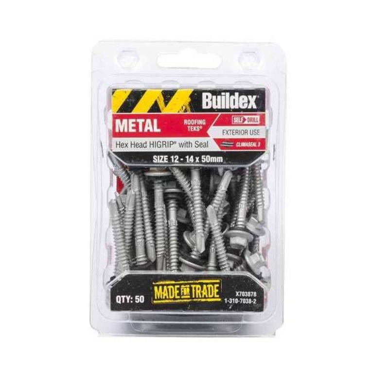 Buildex Metal Roofing Teks Hex Head Hi-Grip with Seal 12 – 14 x 50mm – 50 Pack