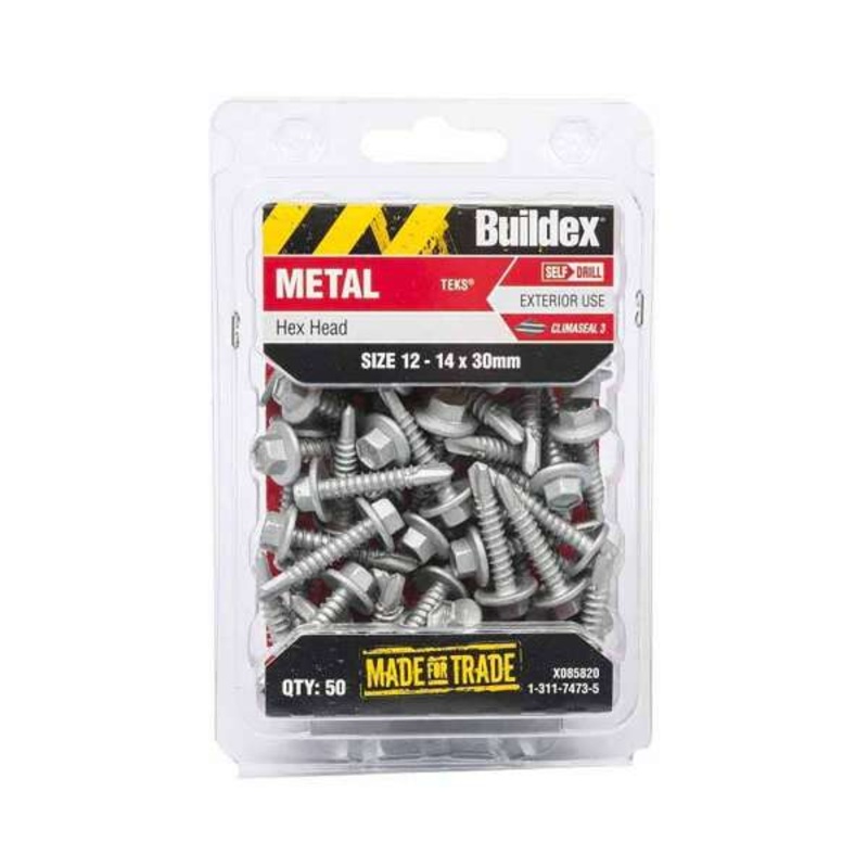 Buildex Metal Teks Hex Head With Seal 12 – 14 x 30mm – 50 Pack