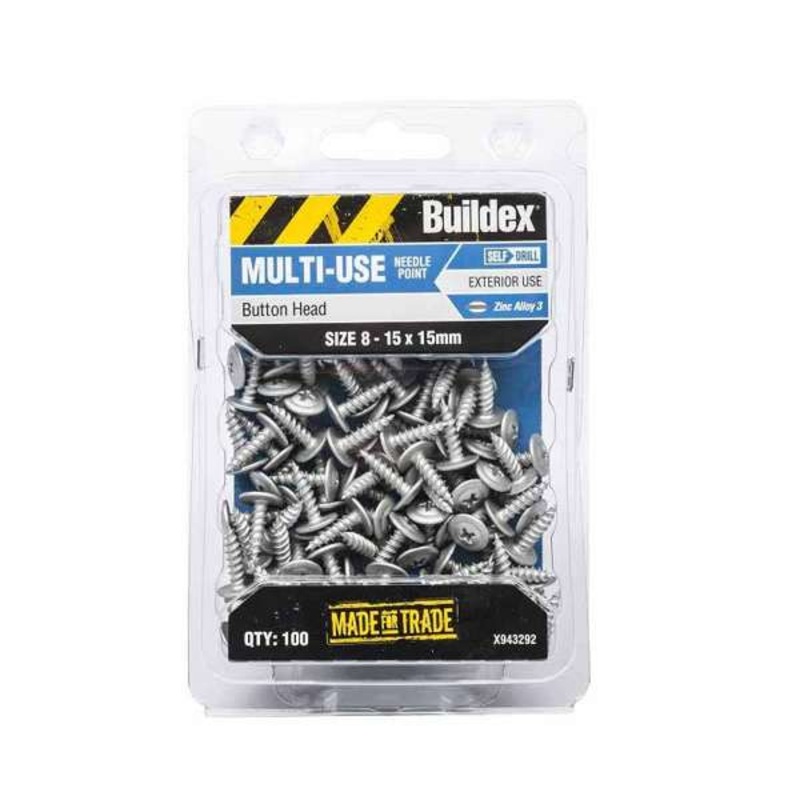 Buildex Multi-Use Screws Button Zinc Alloy 8 – 15 x 15mm – 100 Pack