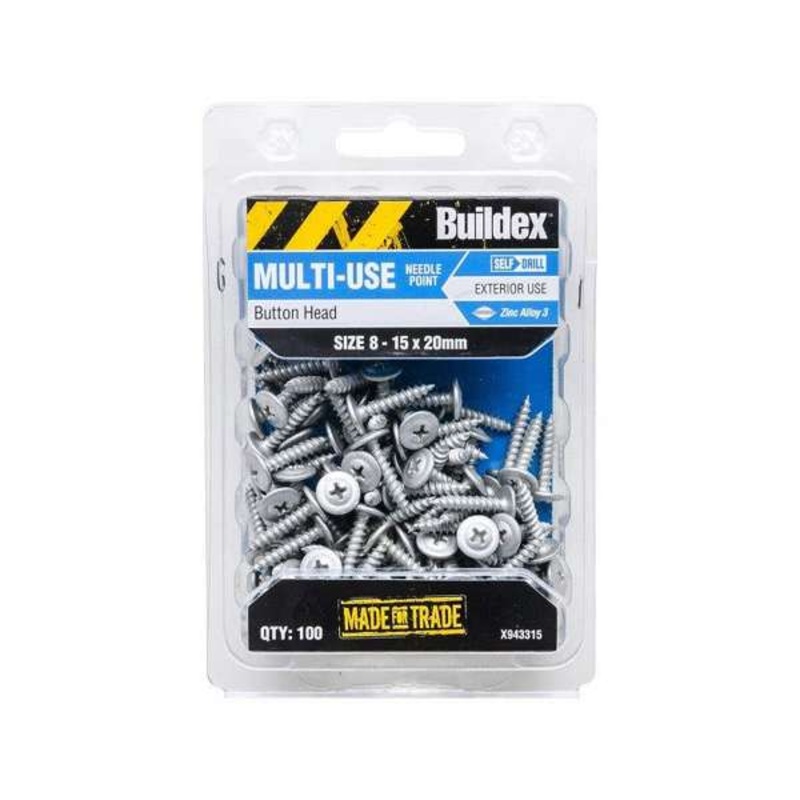 Buildex Multi-Use Screws Button Zinc Alloy 8 – 15 x 20mm – 100 Pack