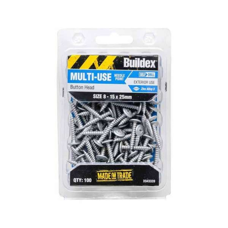 Buildex Multi-Use Screws Button Zinc Alloy 8 – 15 x 25mm – 100 Pack
