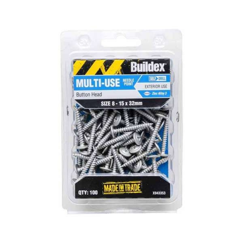 Buildex Multi-Use Screws Button Zinc Alloy 8 – 15 x 32mm – 100 Pack