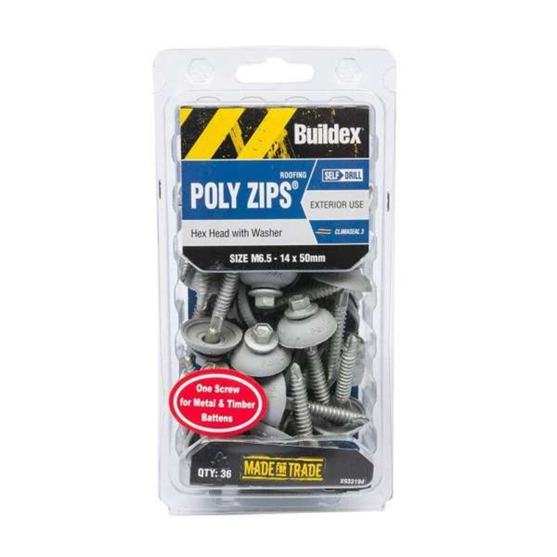 Buildex Roofing Poly Zips Hex Head with Washer M6.5 – 14 x 50mm – 36 Pack