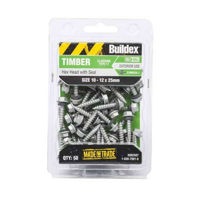Buildex Cladding Screws T17 Hex Head with Seal 10 – 12 x 25mm – 50 Pack