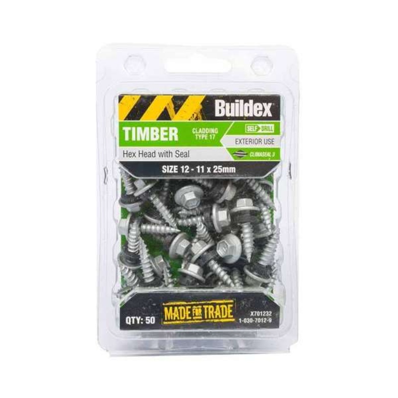 Buildex Cladding Screws T17 Hex Head with Seal 12 – 11 x 25mm – 50 Pack