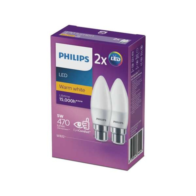 Philips Globe LED Candle 5W BC 470Lm Warm White – 2 Pack