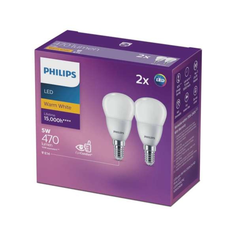 Philips Globe LED Fancy Round 5W SES 470Lm Warm White – 2 Pack