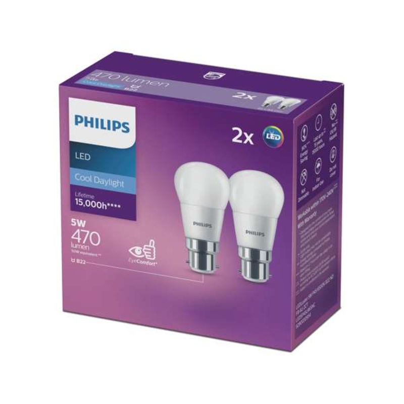 Philips Globe LED Fancy Round 5W BC 470Lm Cool Daylight – 2 Pack