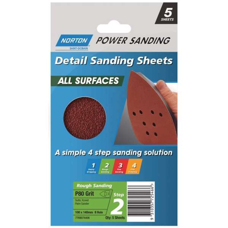 Norton All Surface Detail Sanding Sheet Step 2 100 x 140mm x 8h P80 – 5 Pack
