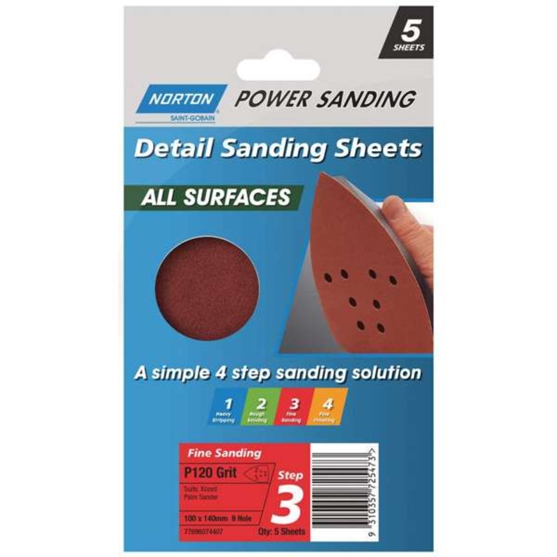 Norton All Surface Detail Sanding Sheet Step 3 100 x 140 x 8h P120 – 5 Pack
