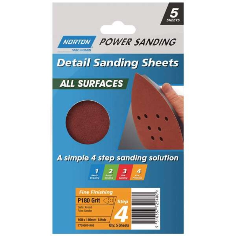 Norton All Surface Detail Sanding Sheet Step 4 100 x 140mm x 8h P180 – 5 Pack