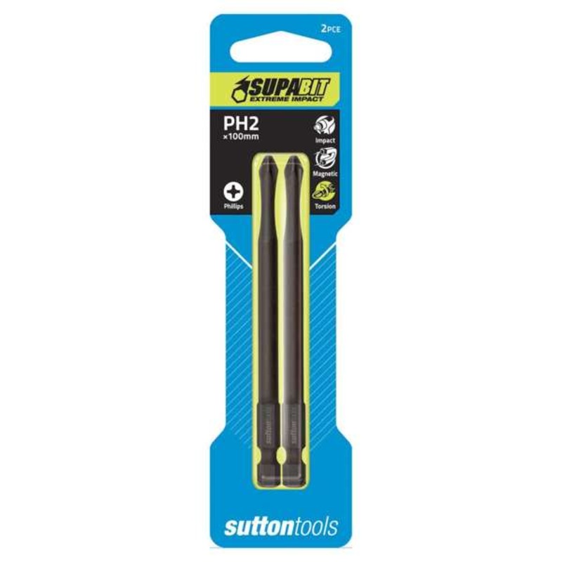 Sutton Tools Impact Screwdriver Bit No.2 Phillips Torsion Power Arc 100mm – 2 Pack