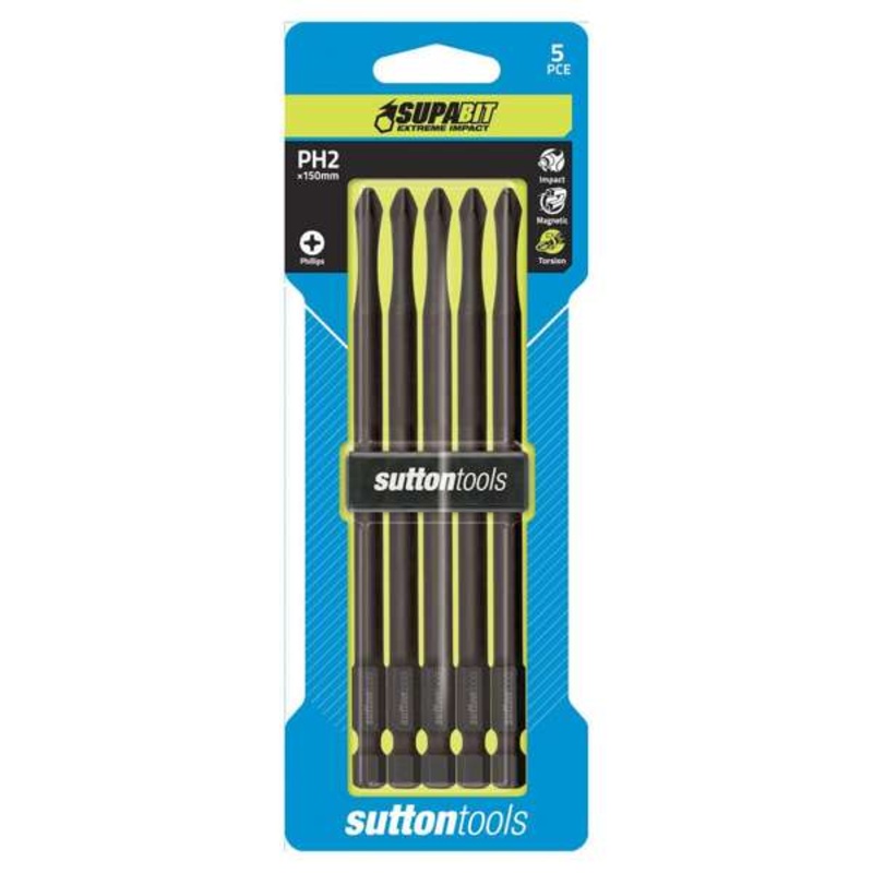 Sutton Tools Impact Screwdriver Bit No.2 Phillips Torsion Power Arc 150mm – 5 Pack