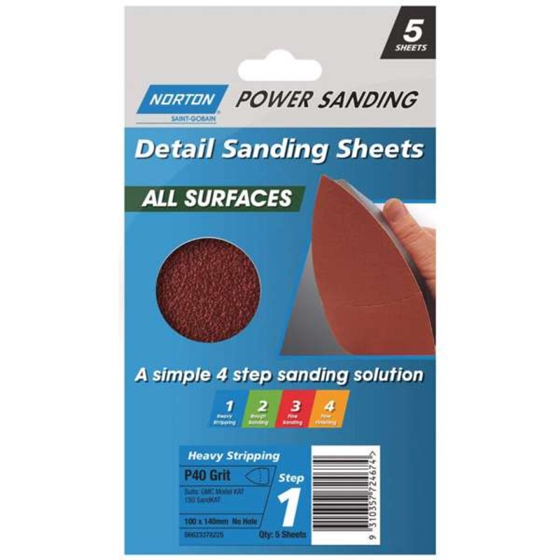 Norton All Surface Detail Sanding Sheet Step 1 100 x 140mm P40 – 5 Pack