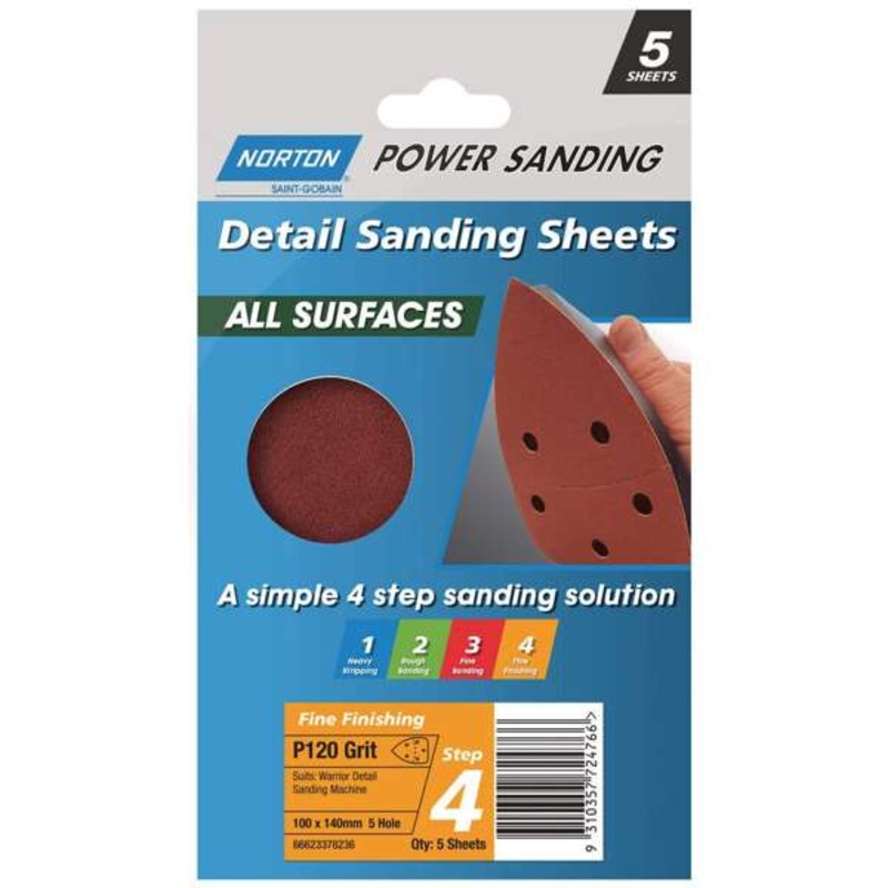 Norton Detail Sheet Fine Speed Grip P120 Grit 140 x 95mm – 5 Pack