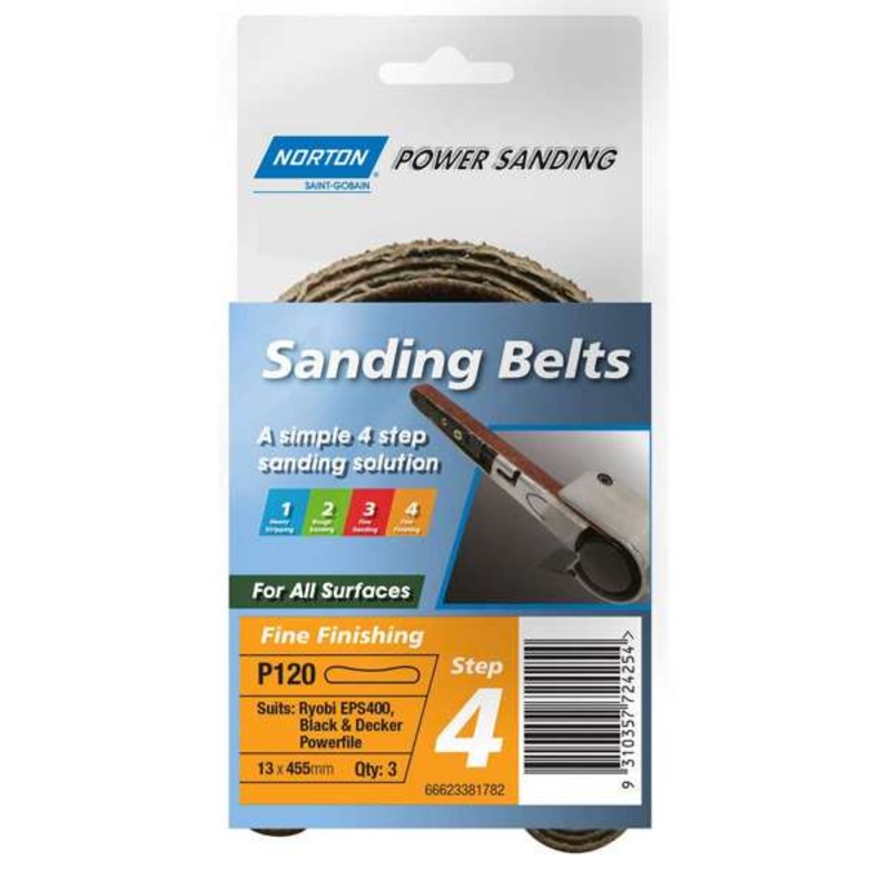 Norton Sanding Belt Step 4 Fine Finishing P120 Grit 13 x 455mm – 3 Pack