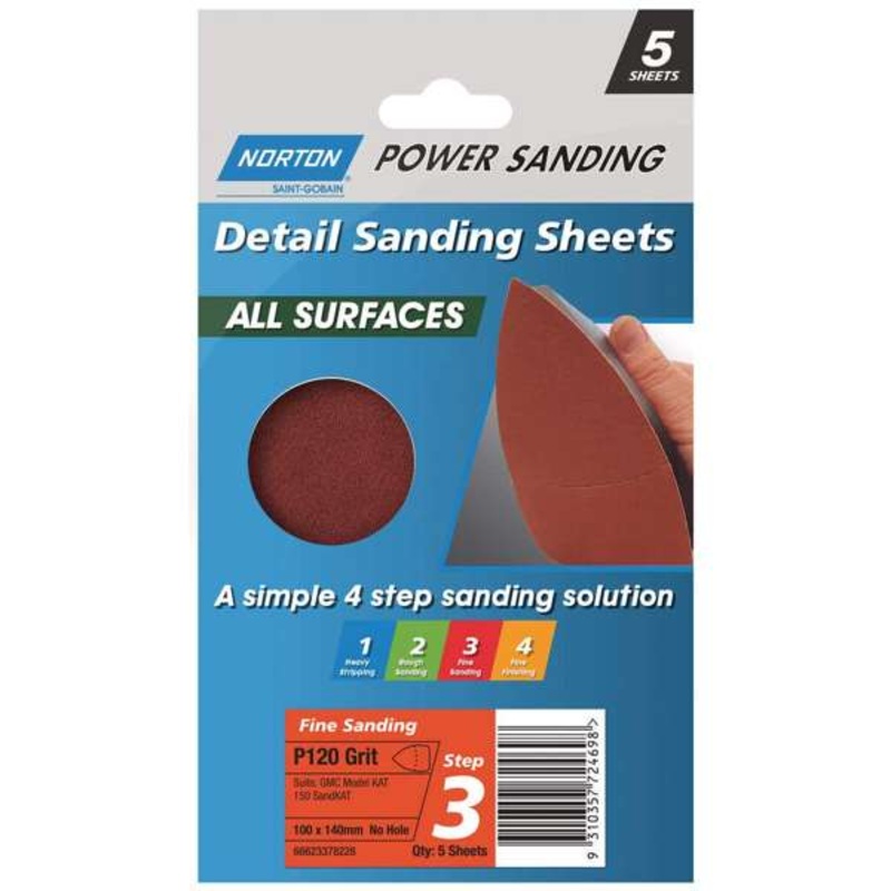 Norton Sanding Sheet Wood GMC Fine P120 Grit 100 x 140mm – 5 Pack