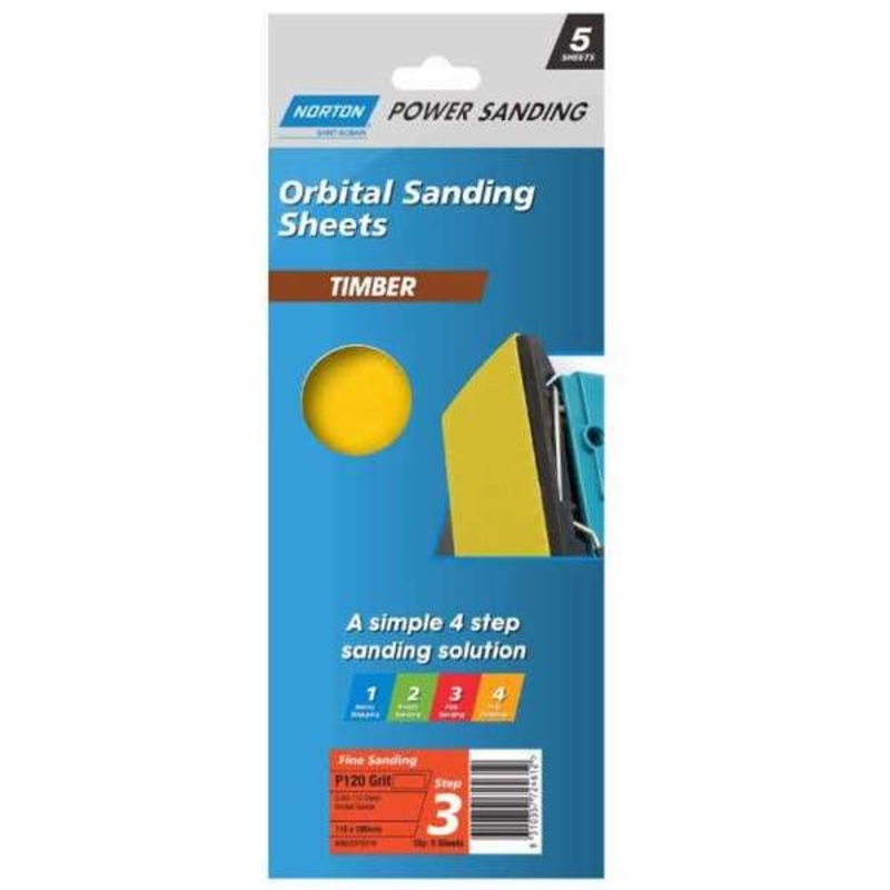 Norton Timber Orbital Sanding Sheet 115 x 280mm Step 3 P120 Grit – 5 Pack