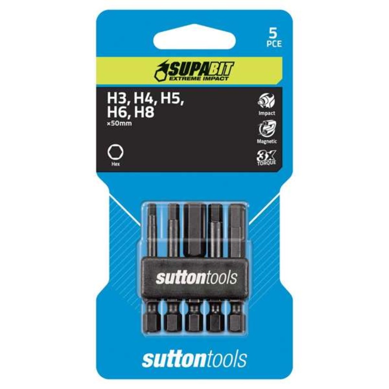 Sutton Tools Hex Impact Screwdriver Bit Set Assorted S114 – 5 Pack