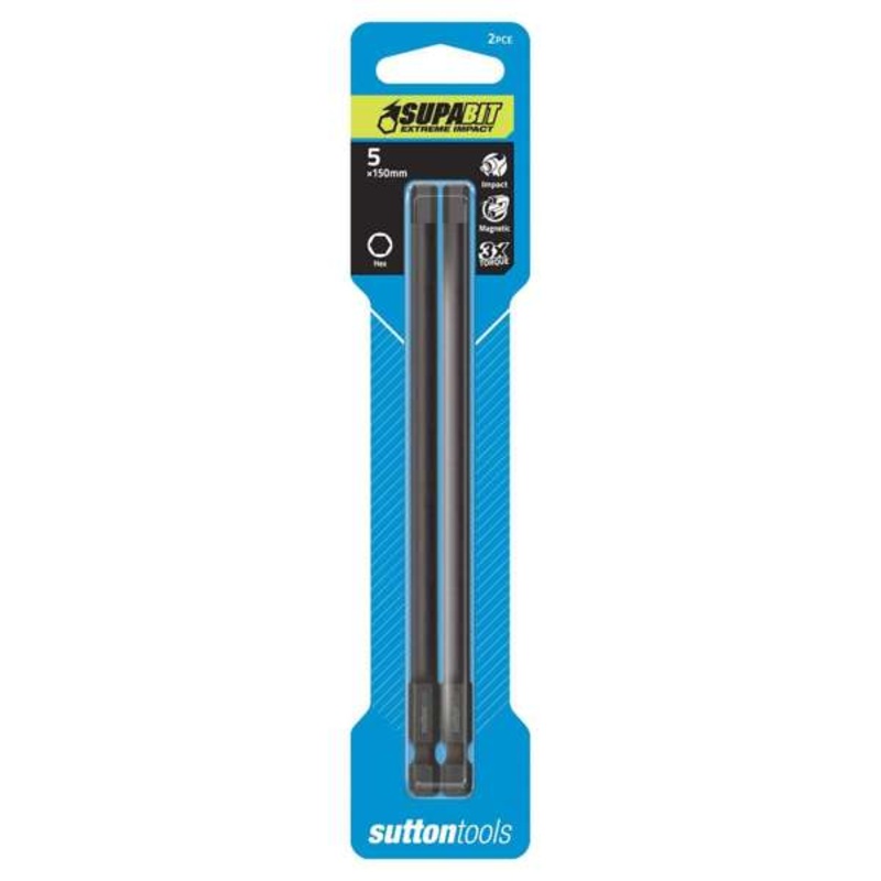 Sutton Tools Supabit Impact Screwdriver Bit Hexagon Power 5 x 150mm – 2 Pack