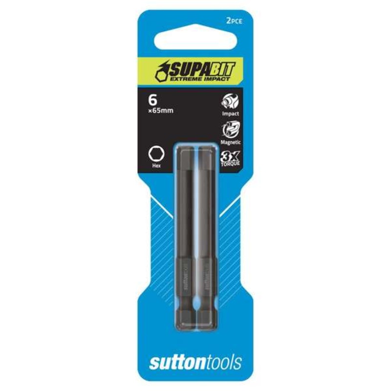 Sutton Tools Supabit Impact Screwdriver Bit Hexagon Power 6 x 65mm – 2 Pack