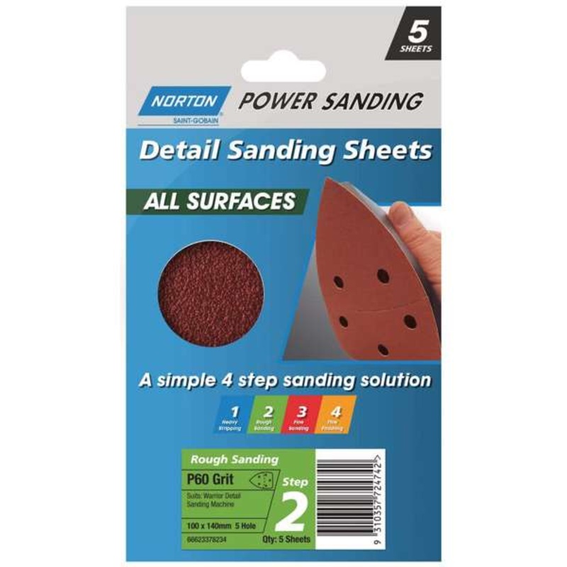 Norton Sheets Sanding Detail 5H P60Grit 100 x 140mm – 5 Pack