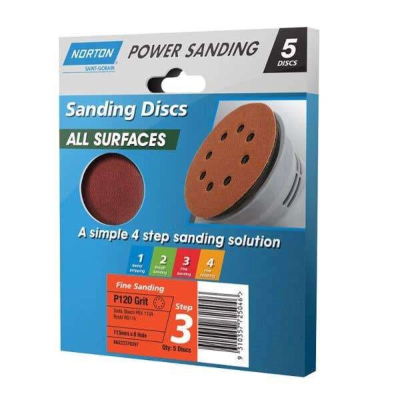 Norton Speedgrip Disc 115mm x 8H Step 3 P120 Grit – 5 Pack