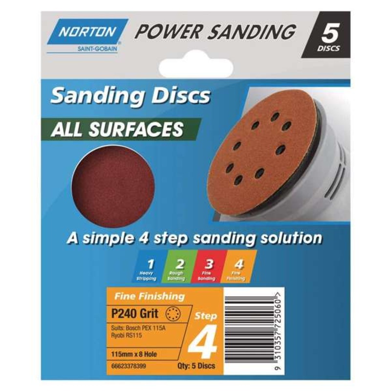 Norton Speedgrip Disc 115mm x 8H Step 4 P240 Grit – 5 Pack